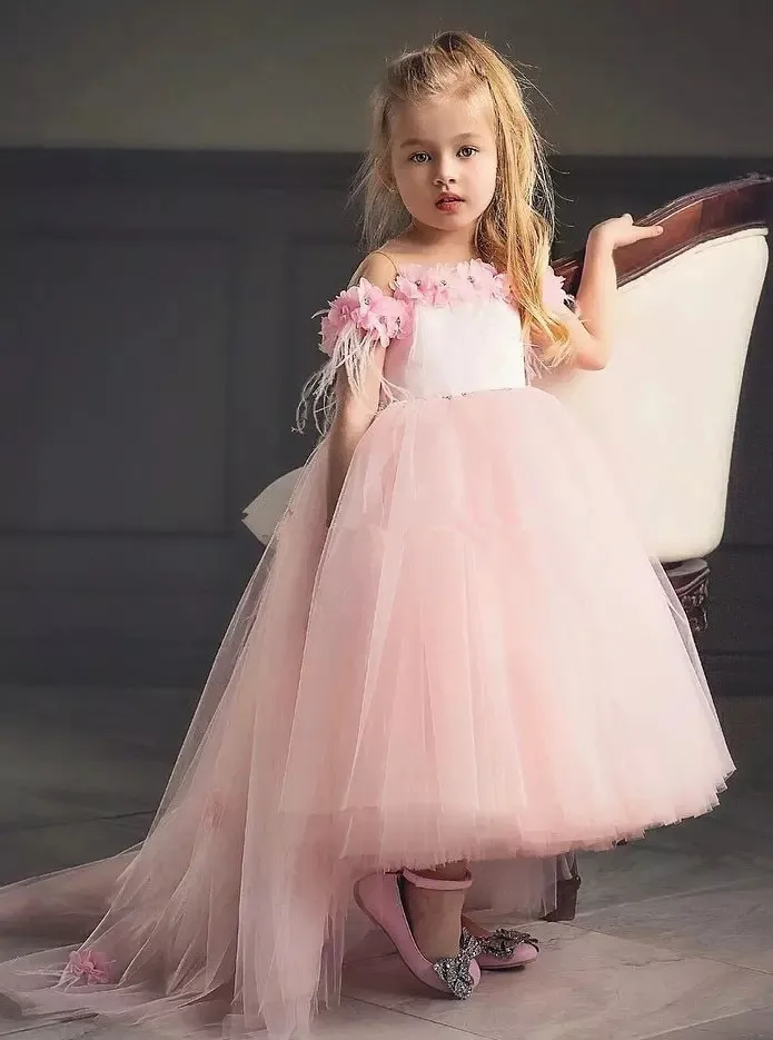 BONJEAN Pink Tulle High Low Flower Girls Dresses For Wedding Princess 3D Boat Neck Fisrt Communion Dress Party | Свадьбы и торжества