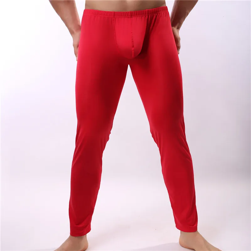 Men Long Johns Sexy Ice Silky U Convex Mens Under Pants Bottoms Pajama Middle Waist Tight Legging Pouch Warm Long Johns