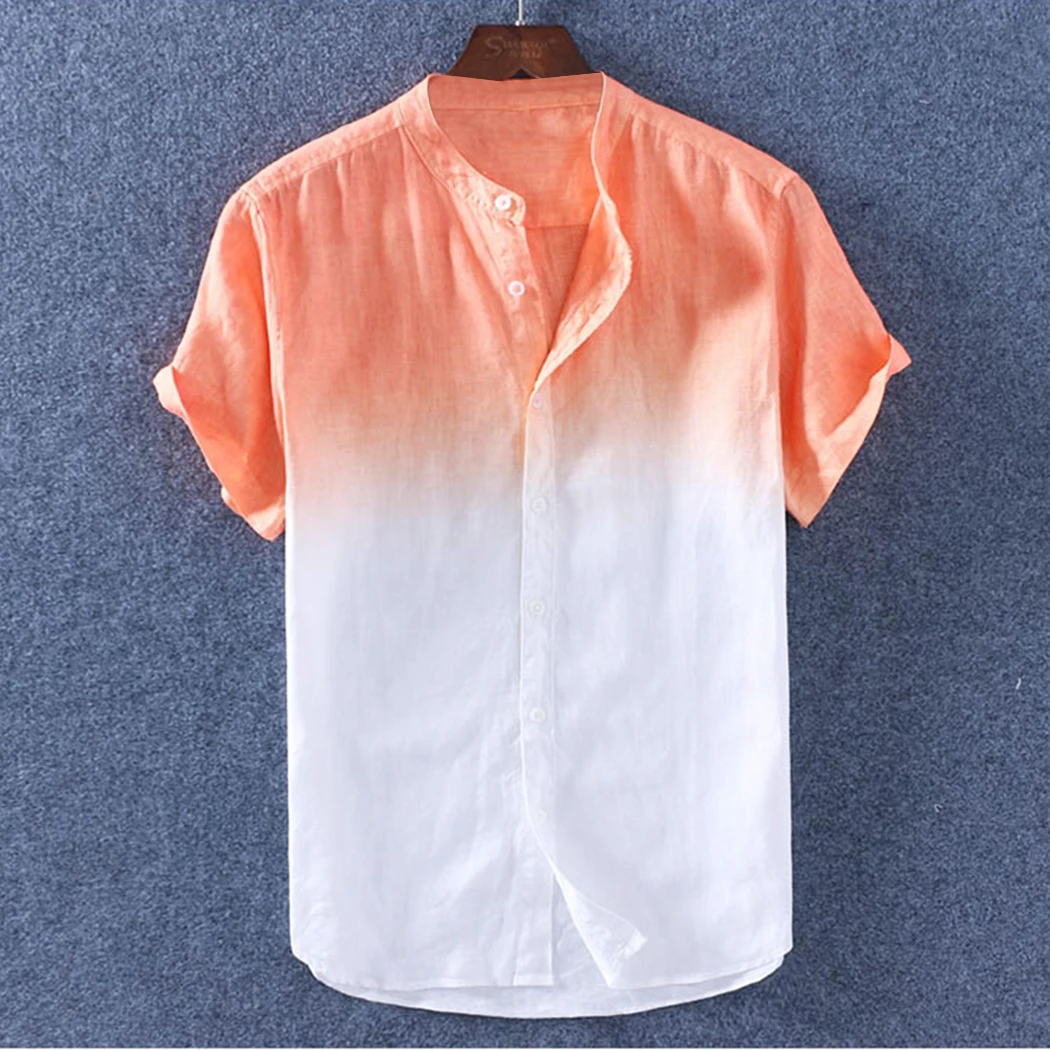 Мужские летние градиентные цветные рубашки с коротким рукавом хлопковые