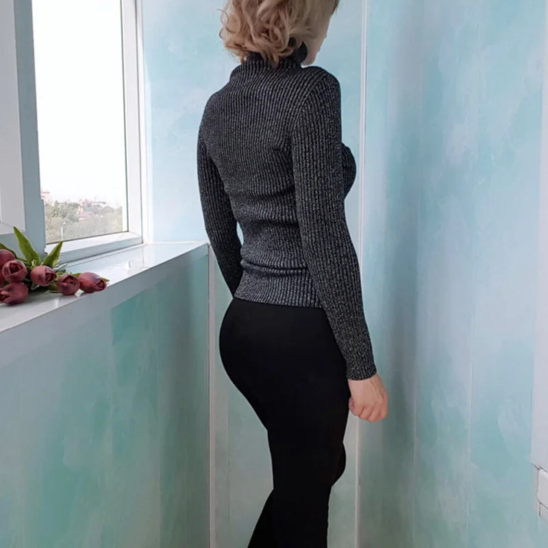 Модный свитер с высоким воротником Женский пуловер эластичный вязаный джемпер в