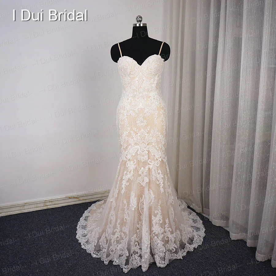 Sheath Wedding Dress with Champagne Lining Detachable Spaghetti Strap Detachable Tulle Out Skirt