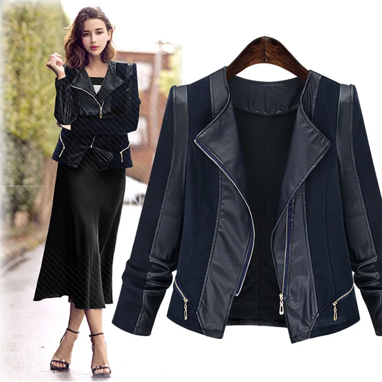 

2018 women's Europe and America large size was thin long sleeve stitching leather jacket artificial leather PU fashion jacke