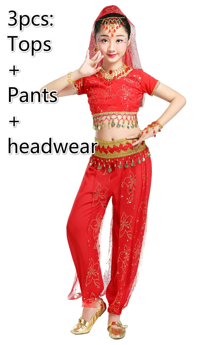 3pcs red Детские восточные костюмы для танца живота, одежда для соревнований, детская одежда для индийских танцев, одежда для выступлений, танцевальная одежда Болливуда, 3 цвета - Цвет: 3pcs red