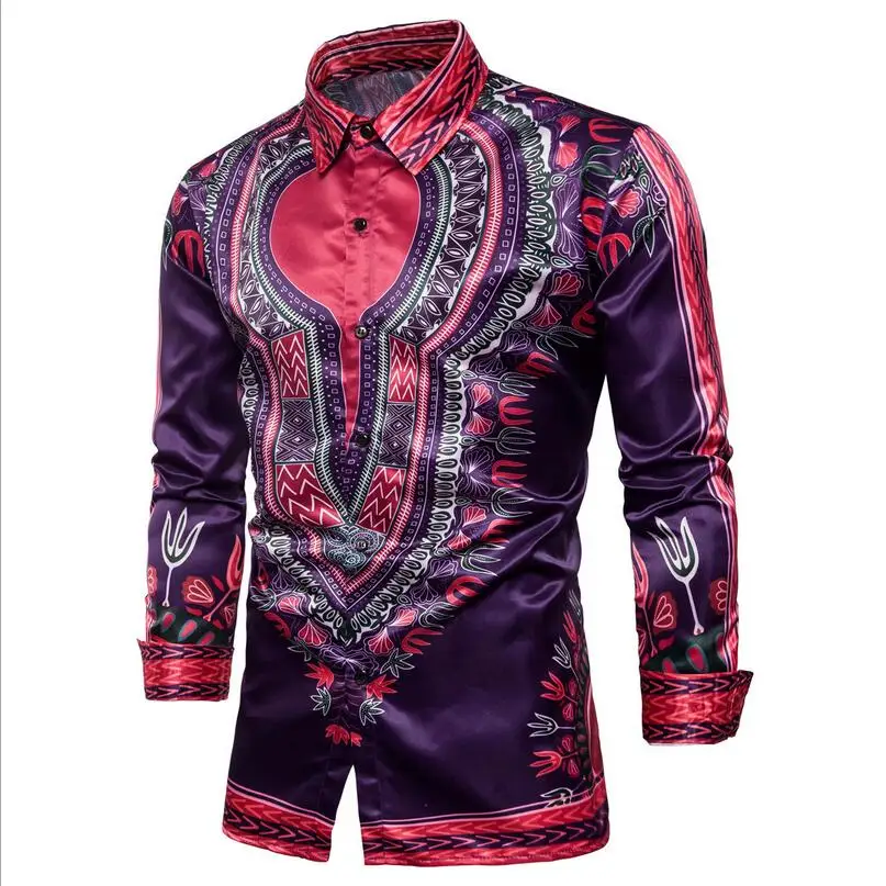 Мужская рубашка с длинным рукавом из смесового хлопка принтом в индийских стилях