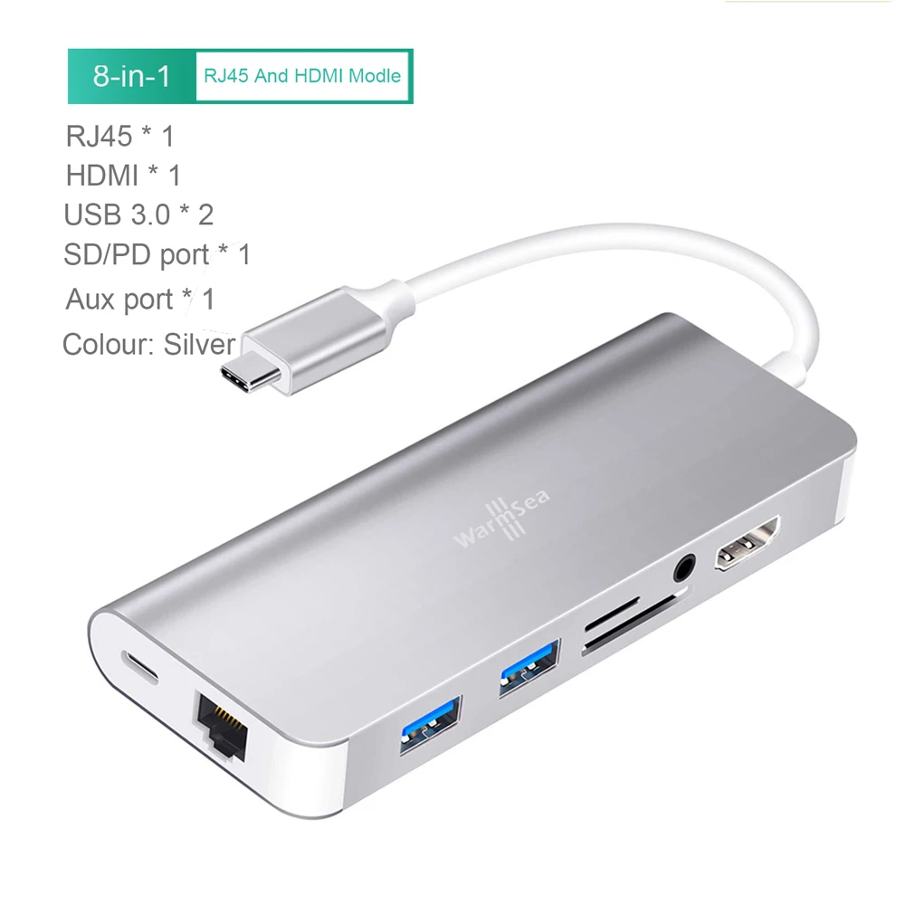 USB C хаб аудио с 4K HDMI RJ45 USB SD PD карта зарядки Dex станция для samsung Galaxy Note8 S8 S9 nintendo переключатель для MacBook - Цвет: 8in1silver