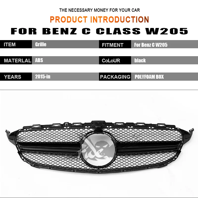 W205 с камерой Передняя сетка для Mercedes c класс C180 C200 C250 C300 C400 без эмблемы ABS черный