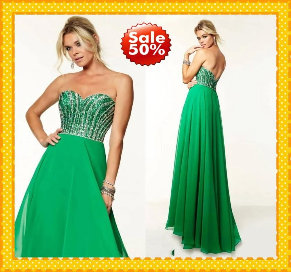 Green Long Evening Dress 2015 New Arrival Formal Dresses A-line Sweetheart Sexy Open Back Beading Crystal Sequin Prom | Свадьбы и