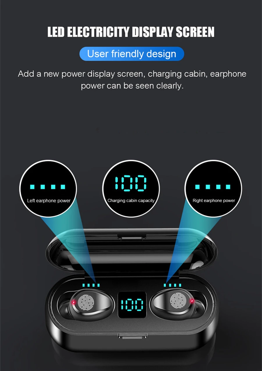Wireless Earphones F9 TWS stereo auriculares bluetooth HIFI bass IPX7 waterproof 2000mAh charging box sports Bluetooth Earphone