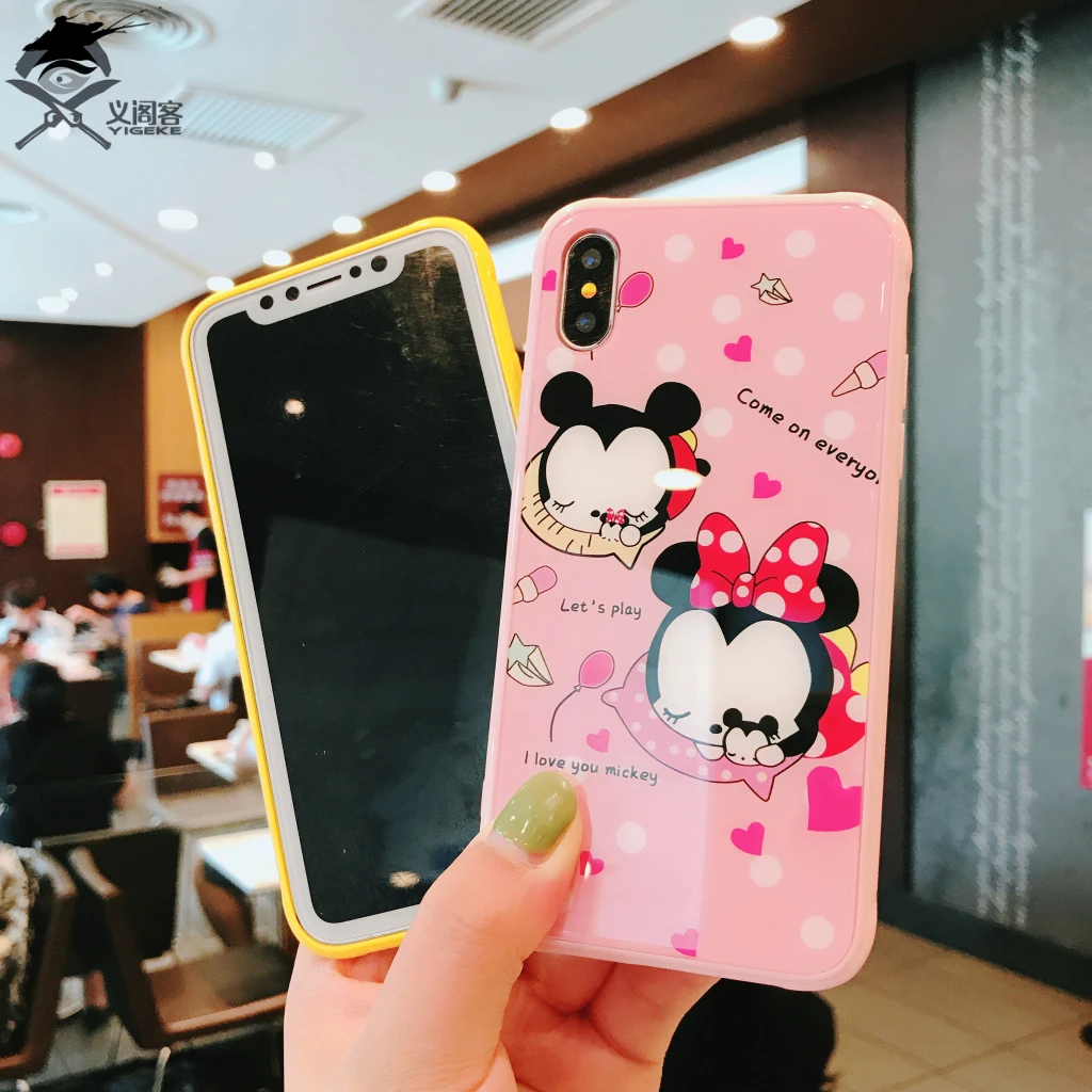 YIGEK Phone Cases for Iphone 7 Case. Luxurious Mickey Mouse Color Edge Glass Apple X876S Plus Case Bags |