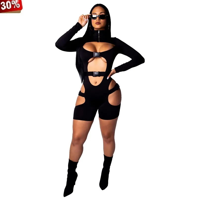Комбинезон с вырезами 2019 женский эротичный вырез на молнии обтягивающие пряжки