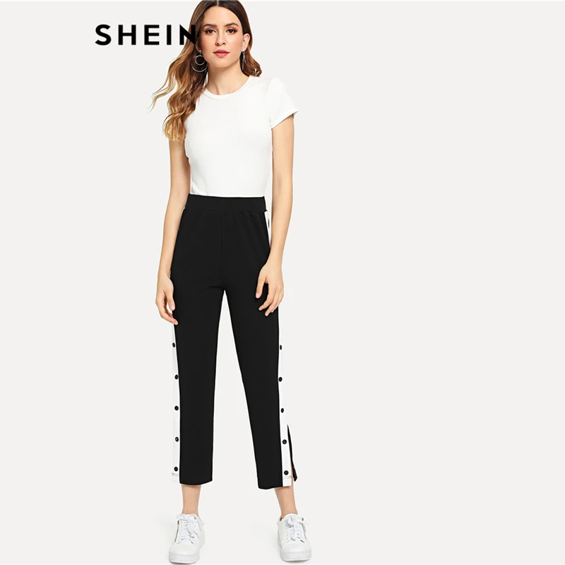 SHEIN Спортивные Брюки С Контрастной Отделкой, Стильные Брюки С Декоративными Пуговицами