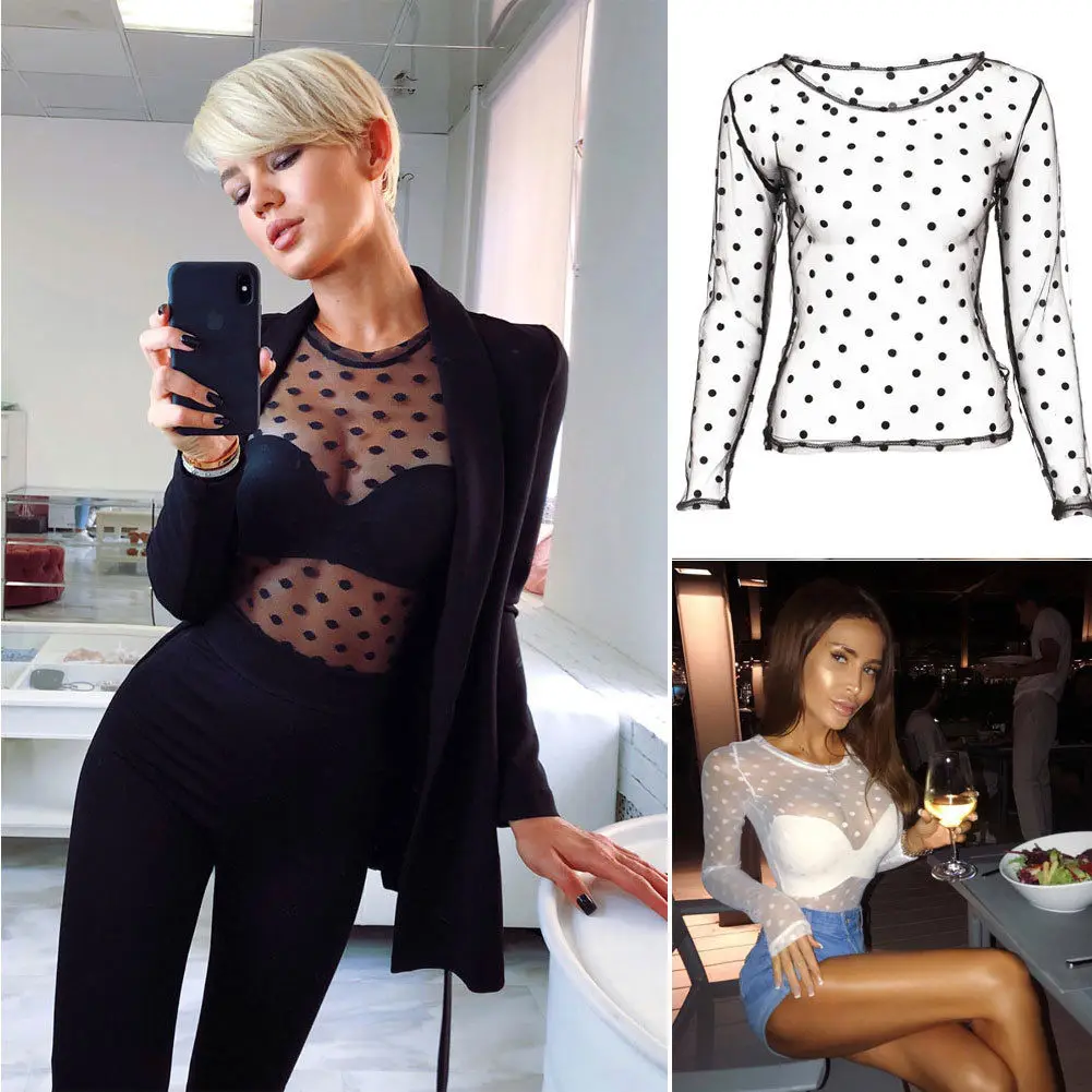 Блузка женская прозрачная с длинным рукавом в горошек| |