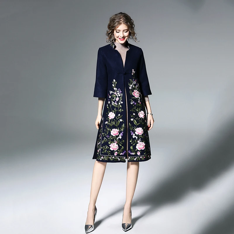 Женское винтажное пальто Emboridery Осеннее уличное синее большого размера | Женская