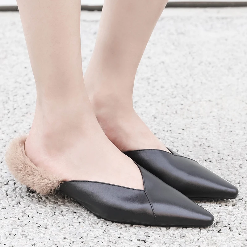 Women's genuine leather warm plush slip-on mules autumn pointed toe high heels leisure dress pumps quality shoes for women | Обувь
