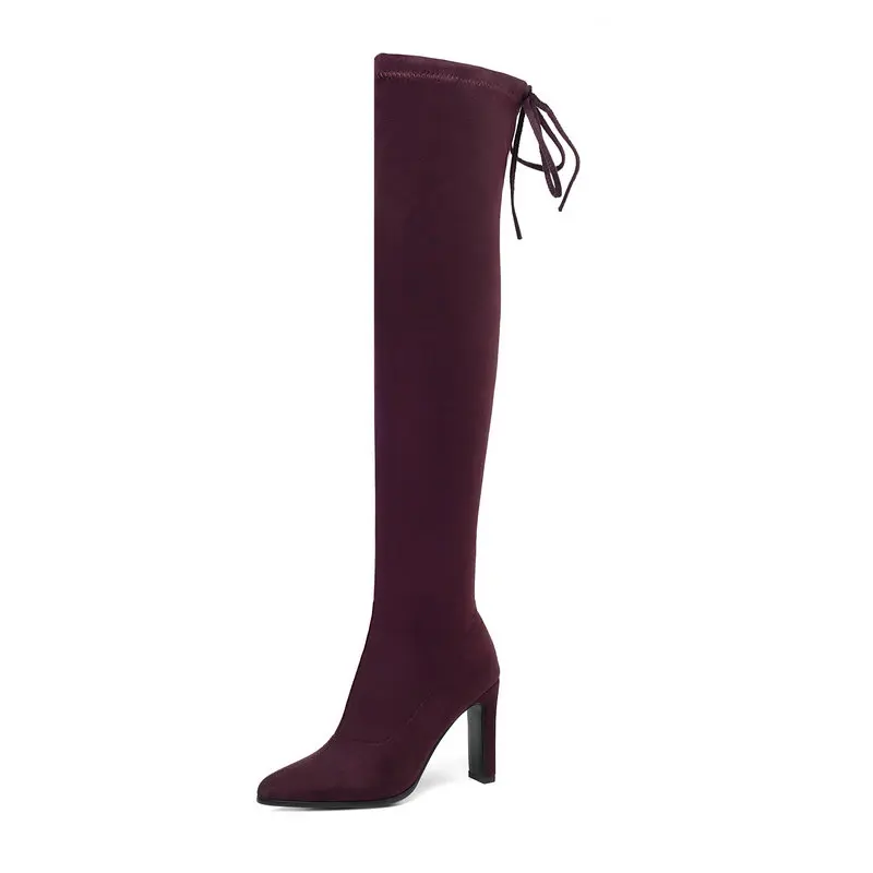 wine red Высокие сапоги до бедра из искусственной замши; женские модные эластичные сапоги с острым носком на квадратном каблуке; женские вечерние сапоги с высоким голенищем; цвет красный, черный, серый - Цвет: wine red