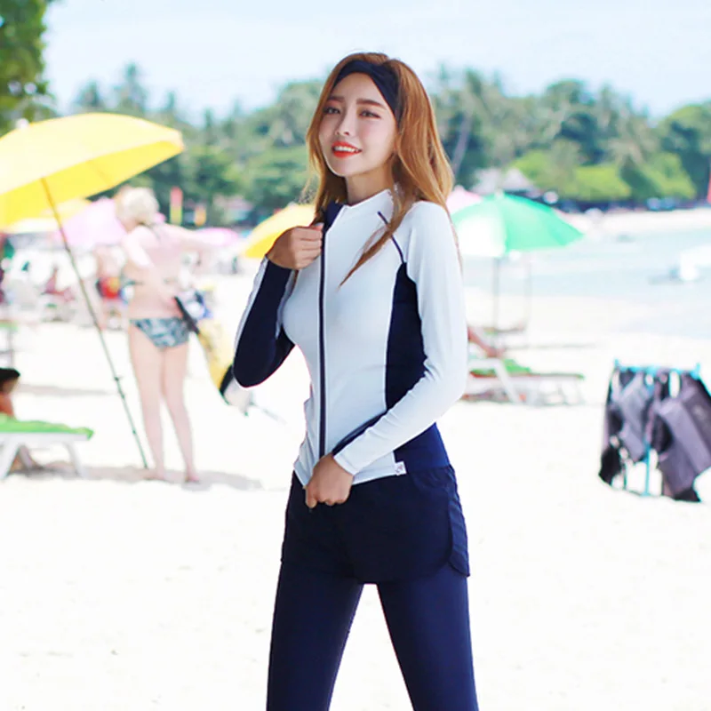 

4-piece Women's Long Sleeve Rashguard Zip Front Swimsuit Shirt Full body Swimwear Sun UV Protection UPF50+ Top Bottom Rash Guard
