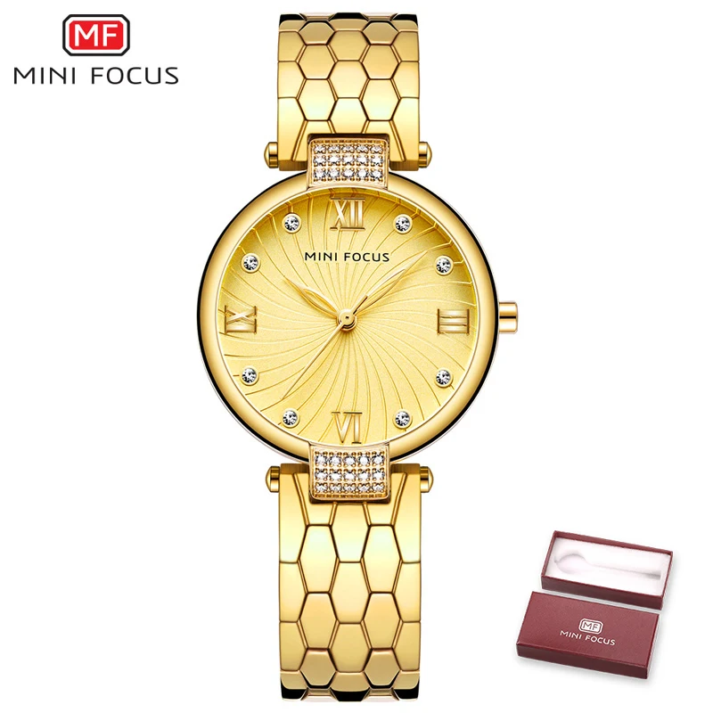 Gold with box MINIFOCUS, женские часы, Лидирующий бренд, Роскошные, водонепроницаемые, стразы, женские наручные часы, золото, платье, кварцевые часы для девушек, Relogio Feminino - Цвет: Gold with box