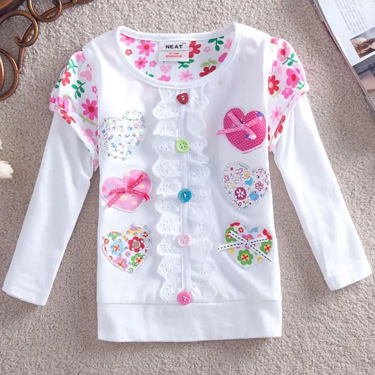free new 2014 baby girls t shirt children T shirts flower cartoon long sleeve lace clothing kids wear 1-6Y NOVA sister brand | Мать и