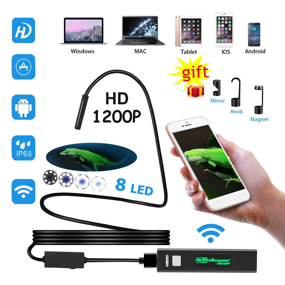 1200P HD WiFi Endoscope Camera Waterproof Android USB Softwire Rigid Hardwire Borescope Mini Camera 8mm For Iphone Android PC