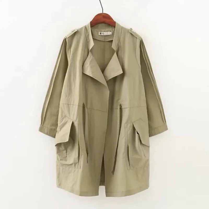 UHYTGF Oversized spring trench coat for women belt Loose thin Lady Pure color Wild Medium long ladies windbreaker coats1385 | Женская