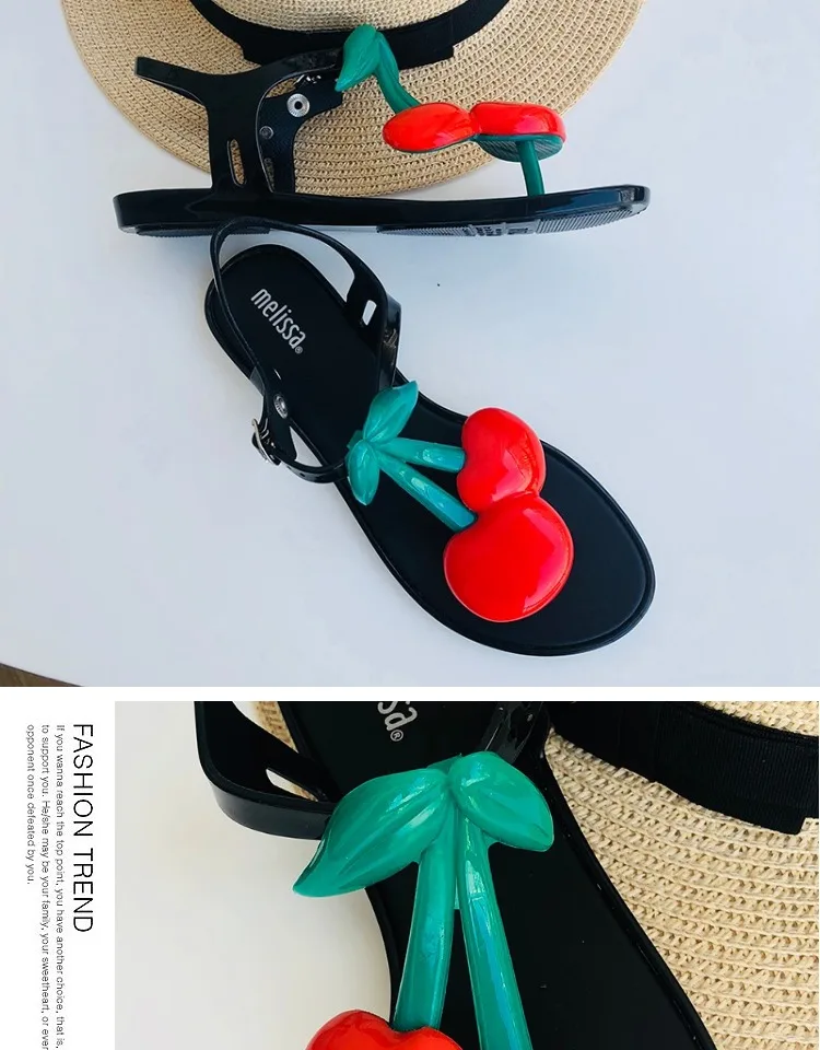 Melissa/женские босоножки; Новинка года; Летняя обувь; сандалии с вишней на плоской подошве; удобные пляжные шлепанцы с бусинами; повседневные босоножки розового цвета