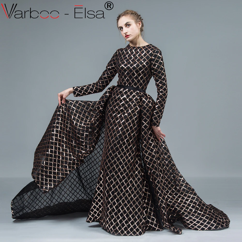 VARBOO_ELSA robe de soiree Черное вечернее платье с длинным рукавом со съемным шлейфом