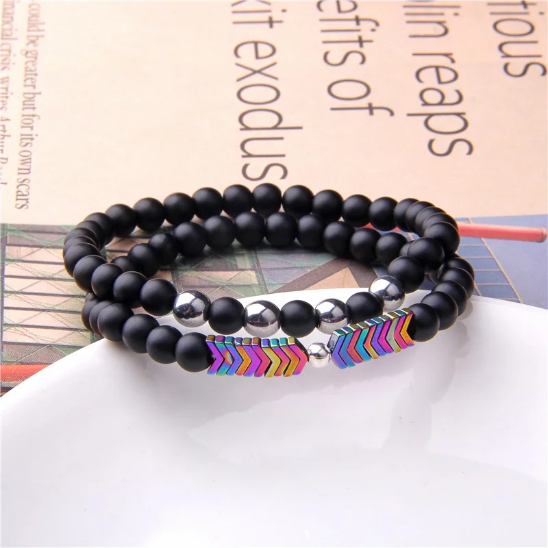 2 Pieces Lover Bracelets Hematite Round Bead Matte Black Onyx Agates Rainbow Arrow Couples Bangle For Woman Man Bracelet Jewelry | Украшения