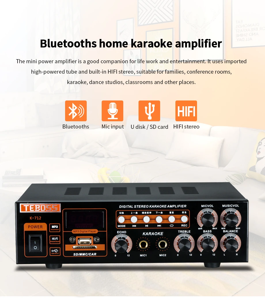 Bluetooth цифровой av усилитель 2 канала караоке стерео усилитель домашний лучший усилитель с USB, sd-картой для караоке звуковая система