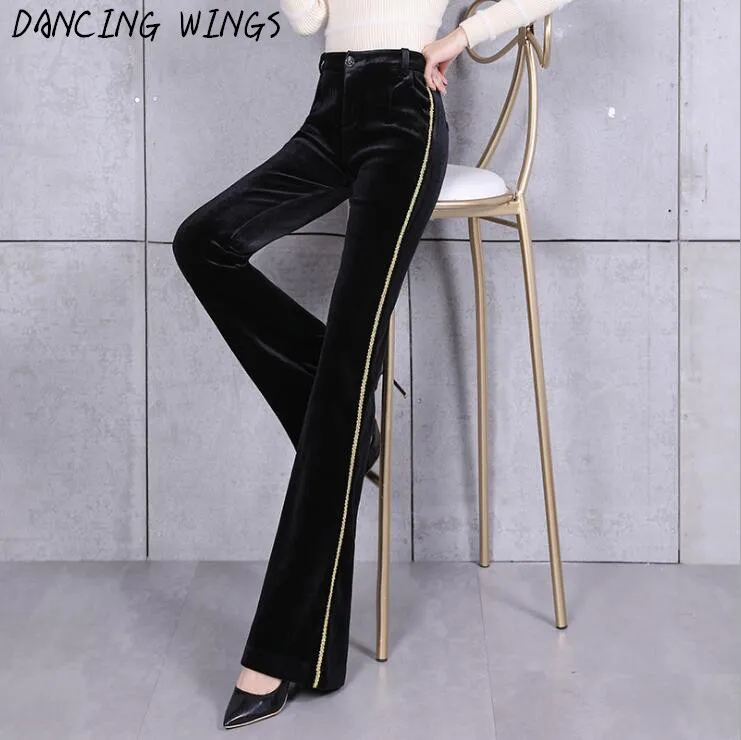 Осенние модные золотистые бархатные широкие повседневные длинные расклешенные