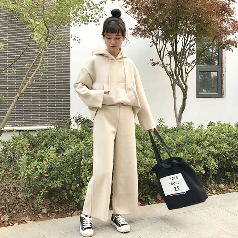 

2019 autumn hooded sweater wide leg nine pants two sets of new women's suit Korean version of solid color women's clothes