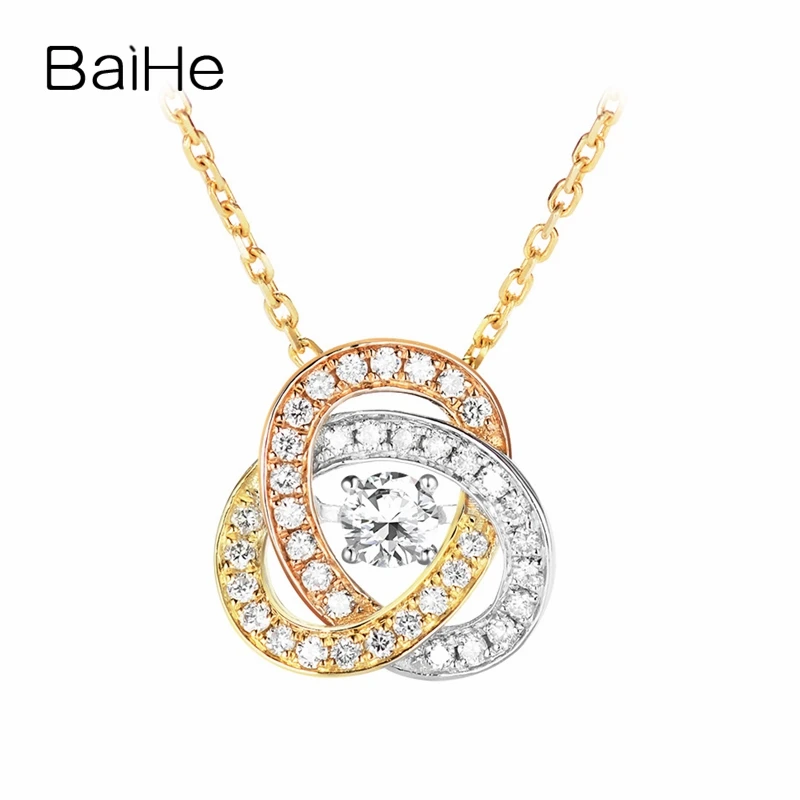 

BAIHE Solid 14K White/Yellow/Rose Gold 0.12ct H/SI Round Natural Diamond Trendy Fine Jewelry Beautiful tricolor gold Pendant