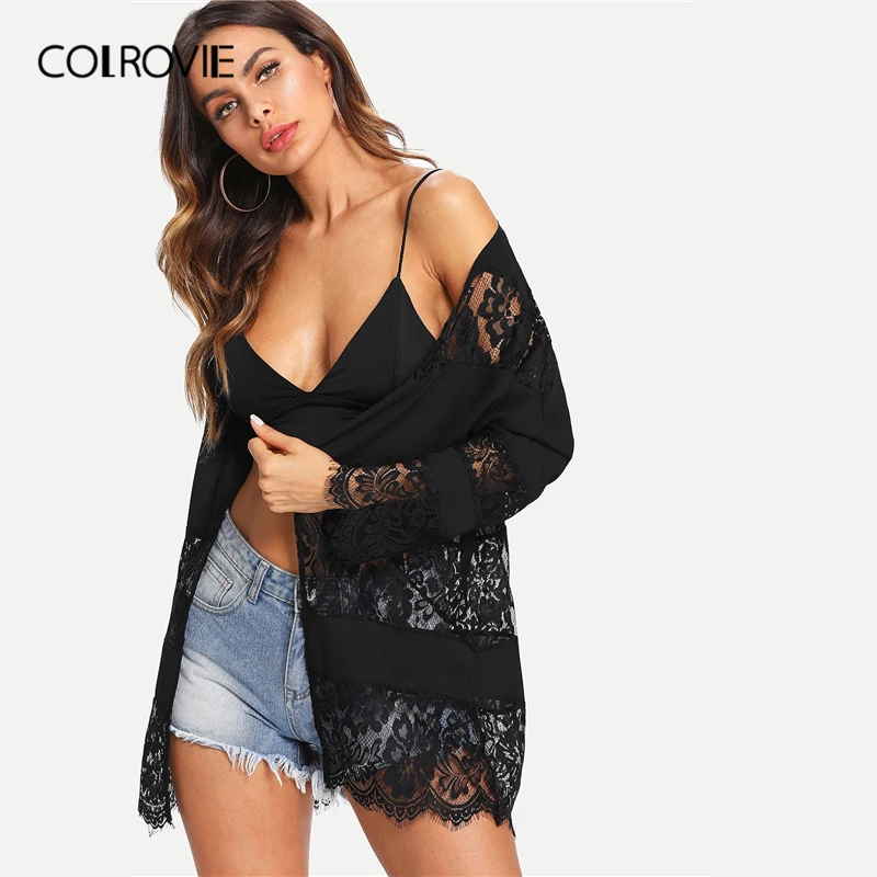COLROVIE, черный, однотонный, кружевной, с вышивкой, открытый перед, Женский Повседневный Кардиган, пальто,, летнее, с длинным рукавом, с вырезом, прозрачное, сексуальное пальто