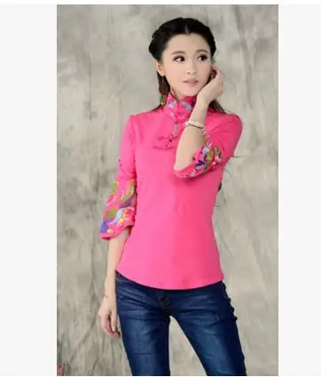 Женская футболка в китайском стиле с воротником стойкой и вышивкой|womens shirt tops|printed