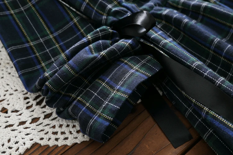 Темно-синие платье в клетку 2018 Новый Для женщин с длинными рукавами шнурок хлопок