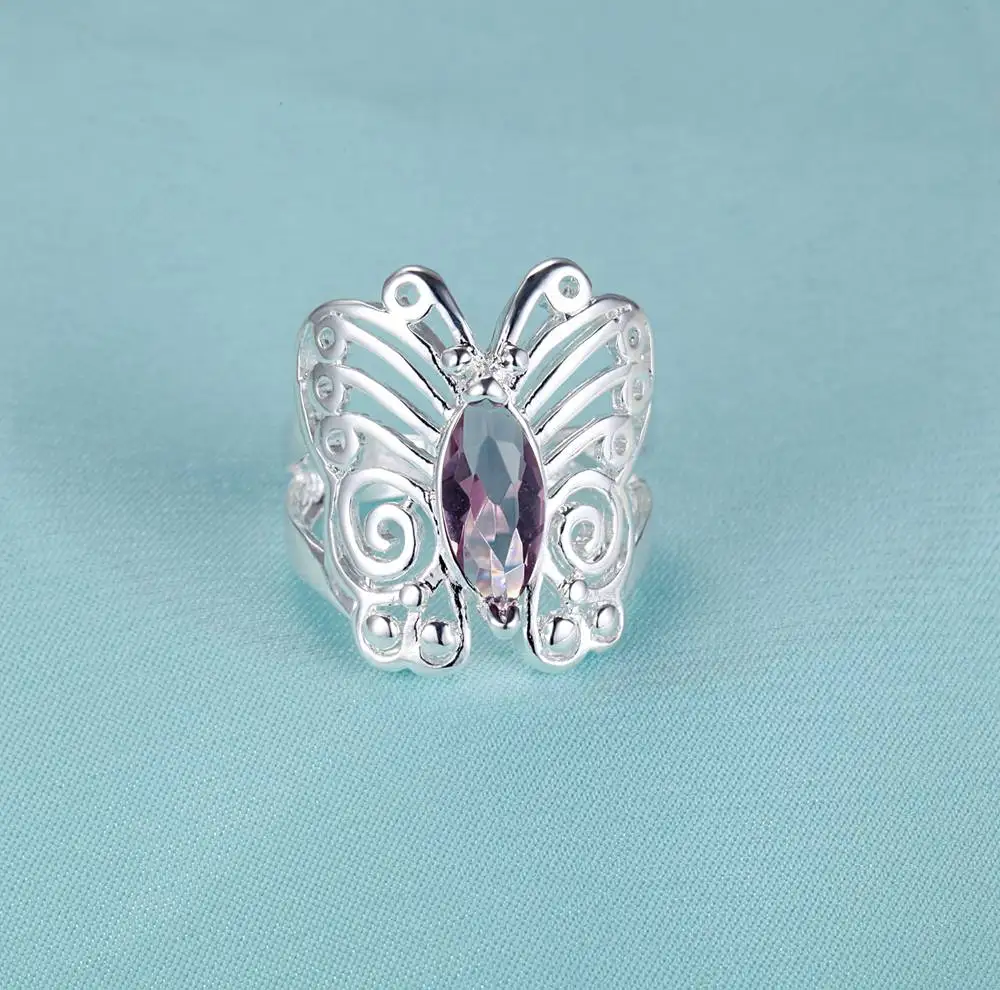 Женское кольцо серебристого цвета с бабочкой и цирконом | Украшения аксессуары