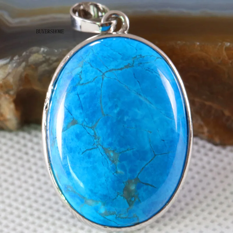 Blue Turquoise Серебристый Овальный натуральный камень бисера синий Howlite женское ожерелье кулон 1 шт K682 - Окраска металла: Blue Turquoise