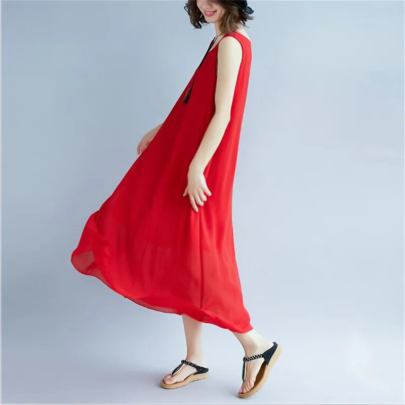 

Women Dress Minimalism Solid Chiffon Tank Long Dress Loose Slim Beach Party Dress Holiday Dress Pink vestidos