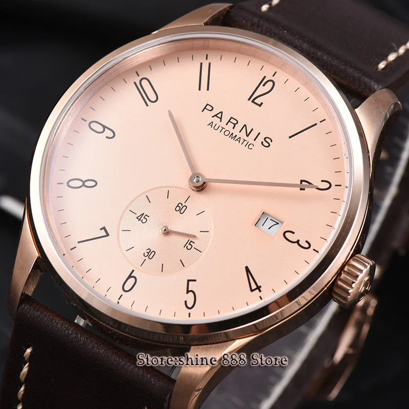 Новое поступление 42 мм parnis rose dial golden case date window ST1731 автоматические мужские часы |
