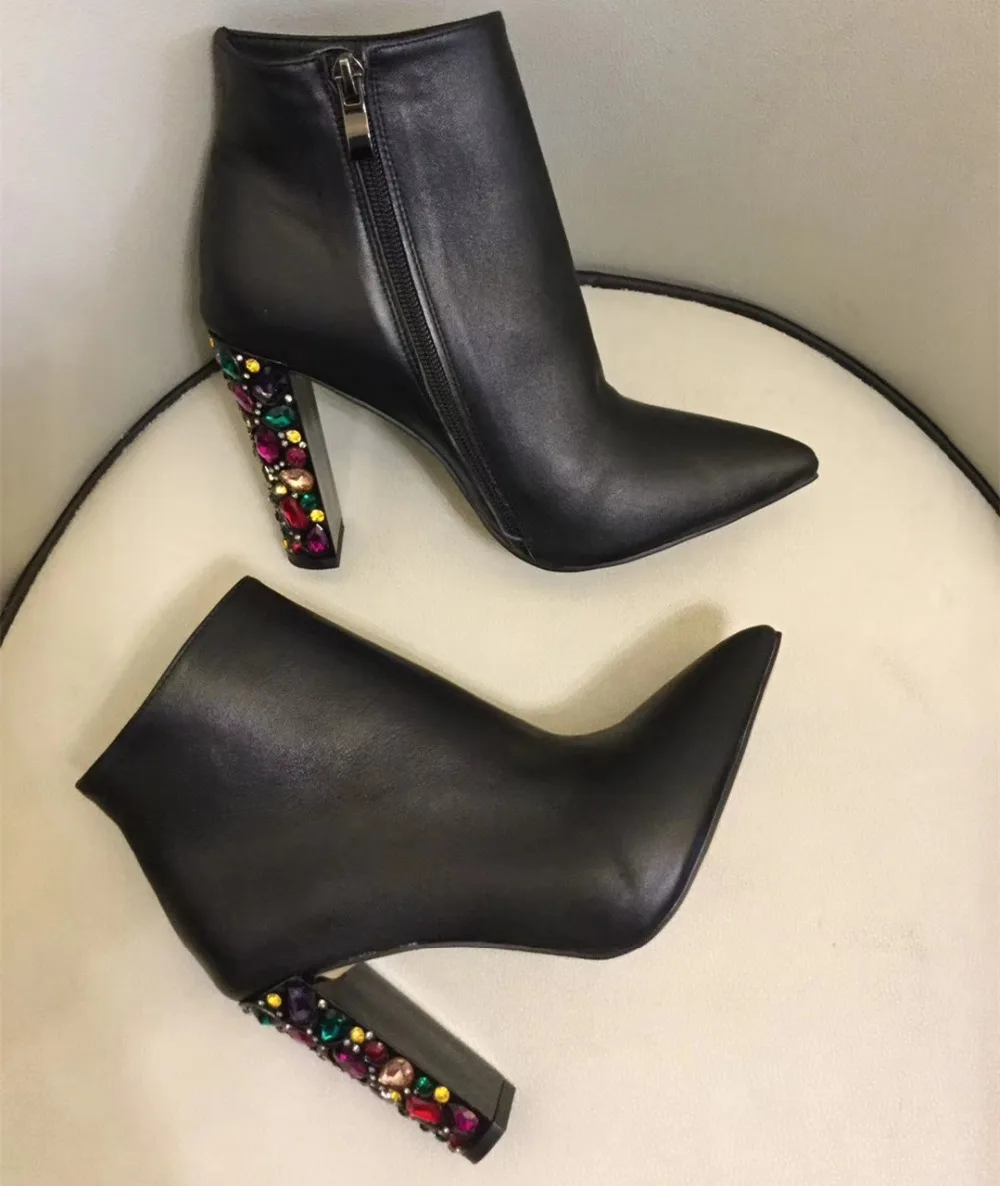 

New arrival women real leather pointed toe ankle boots Fashion rhinestone heels short boots autumn winter high heels boots BY532