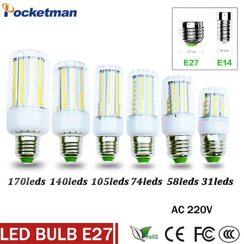 

Super LED Bulb E27 E14 220V SMD 5730 LED Lamp 31 58 74 105 140 170leds 5730SMD LED Corn Bulb light Chandelier Free Shipping