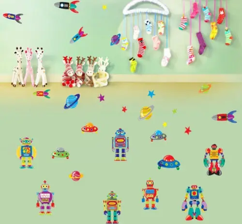 Robot Rocket Star Planet cartoon wall decals Removable stickers kids nursery baby decor children room home decoration | Дом и сад