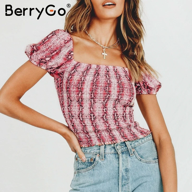 BerryGo/Винтажные Женские топы со змеиным принтом с короткими рукавами и рюшами