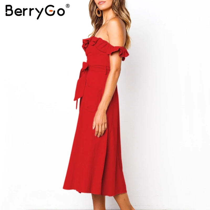 Женское платье с поясом BerryGo вечернее средней длины высокой талией и на