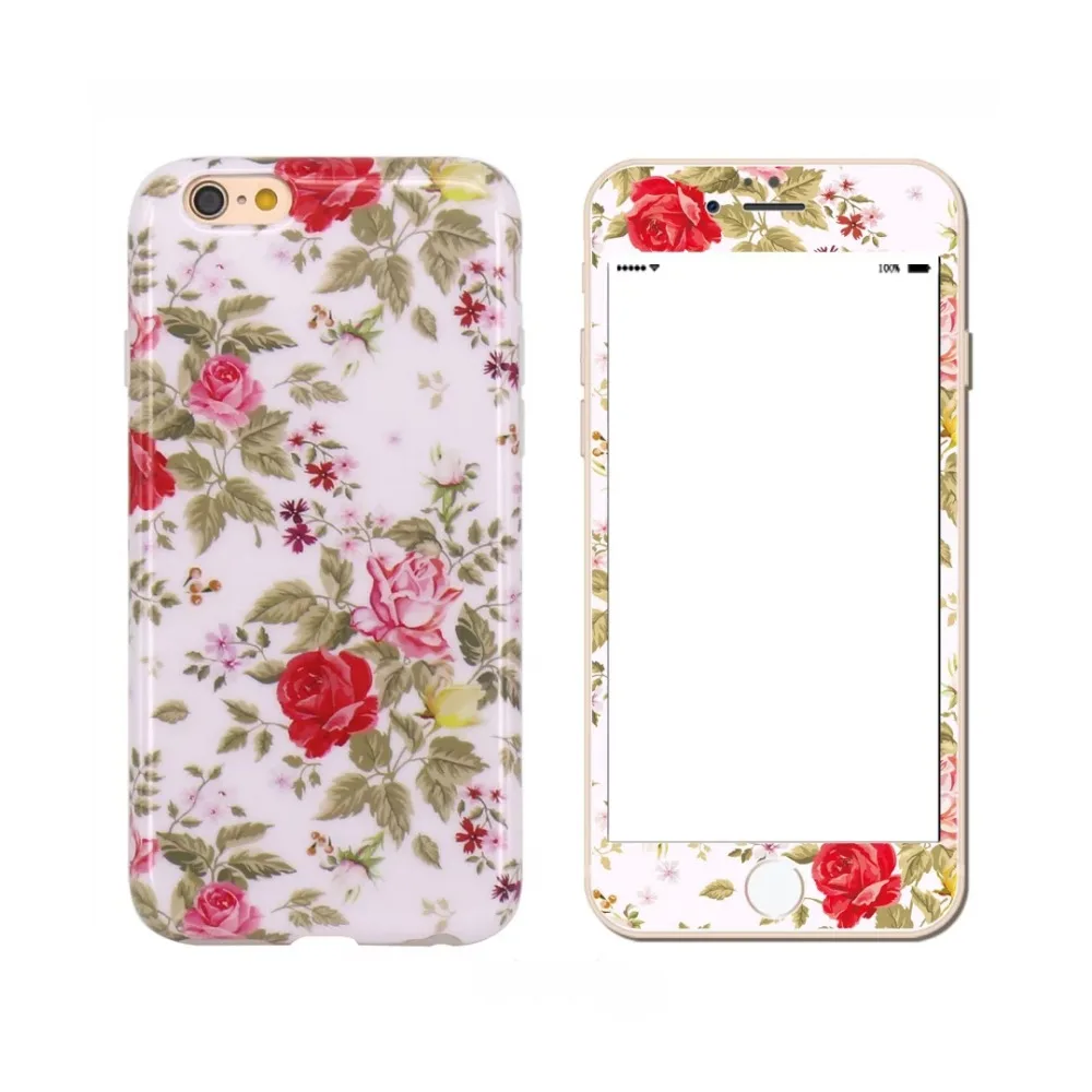 Flower Silicone TPU Case For iPhone 6 6s Plus Cover + 3D Carbon Fiber Tempered Glass Screen Protector Full Body Coverage Funda |