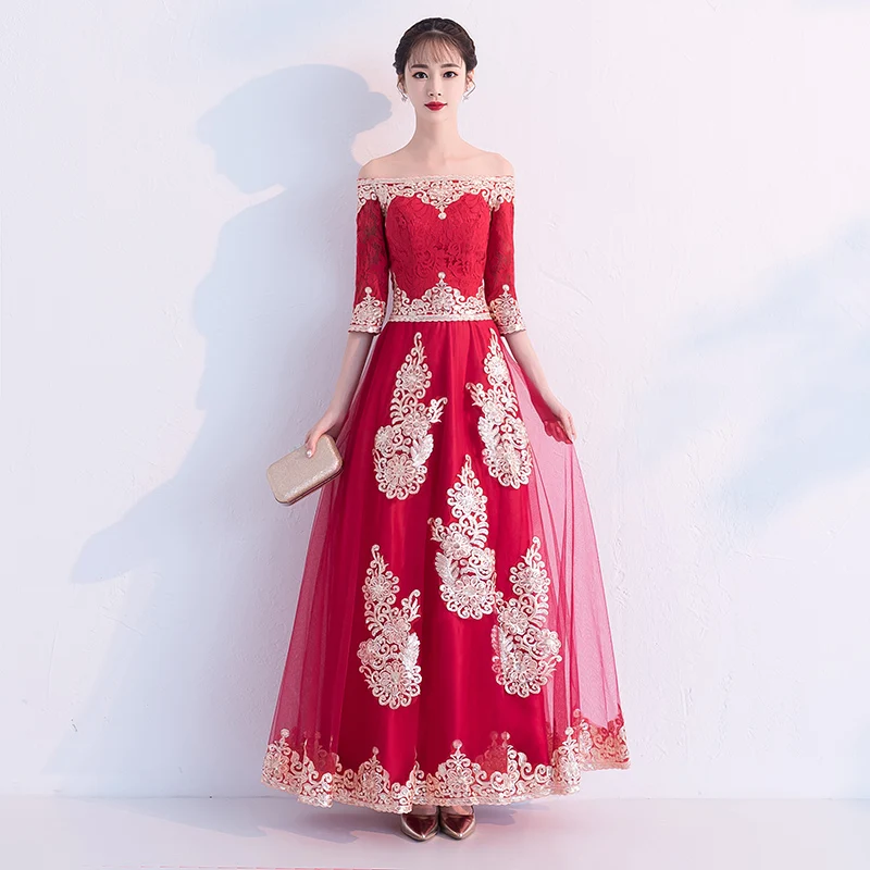 Новое поступление женское красное кружево Qipao классическое свадебное платье подружки невесты винтажные улучшенные атласные длинные платья тост одежда