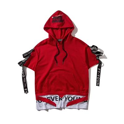 FY015 red Мужская футболка из двух частей с капюшоном и коротким рукавом, летняя свободная футболка с напечатанной надписью в стиле хип-хоп, уличная одежда, мужские толстовки, футболки - Цвет: FY015 red