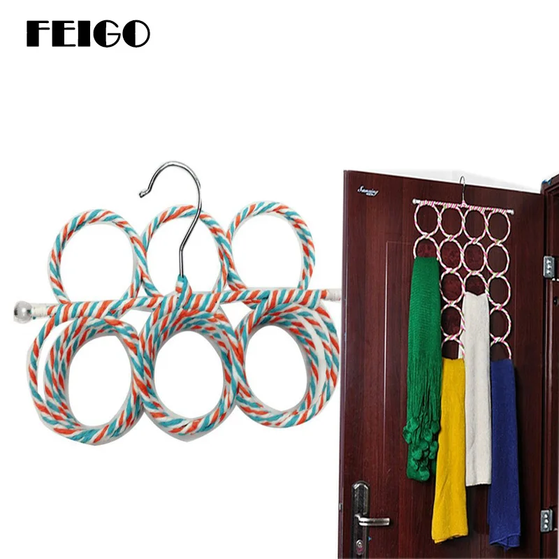 

FEIGO Creative Rope Braiding Hanger Colorful Rattan Rope Tie Rack Hanger Scarf Other Clothing Storage Ring Folding Hanger F697