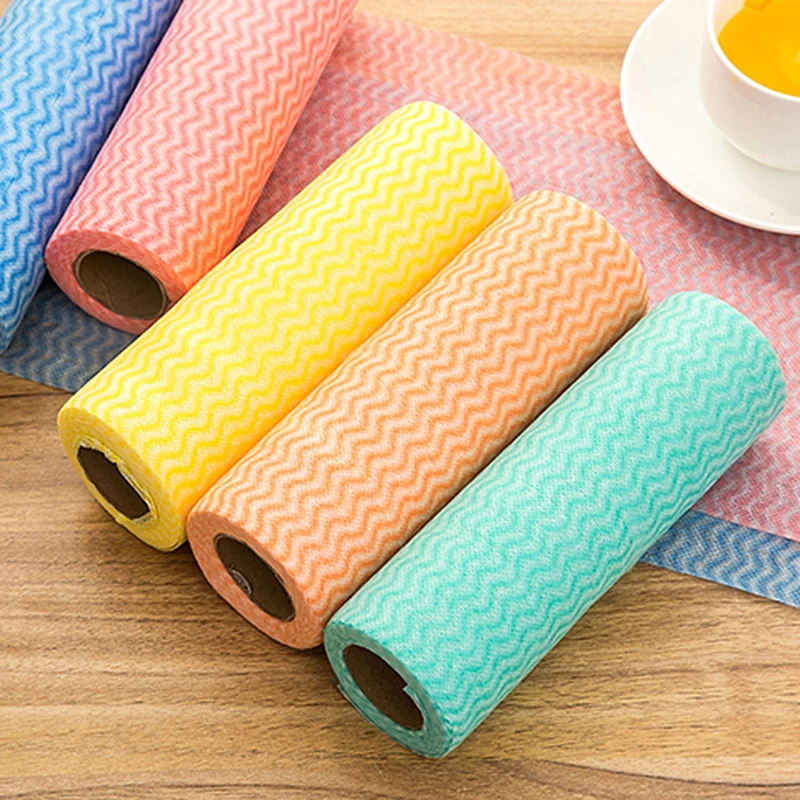 

50pcs/Roll Non-Woven Fabric Washing Cleaning Cloth Towels Kitchen Towel Disposable Striped Practical Rags Wiping Souring Pad