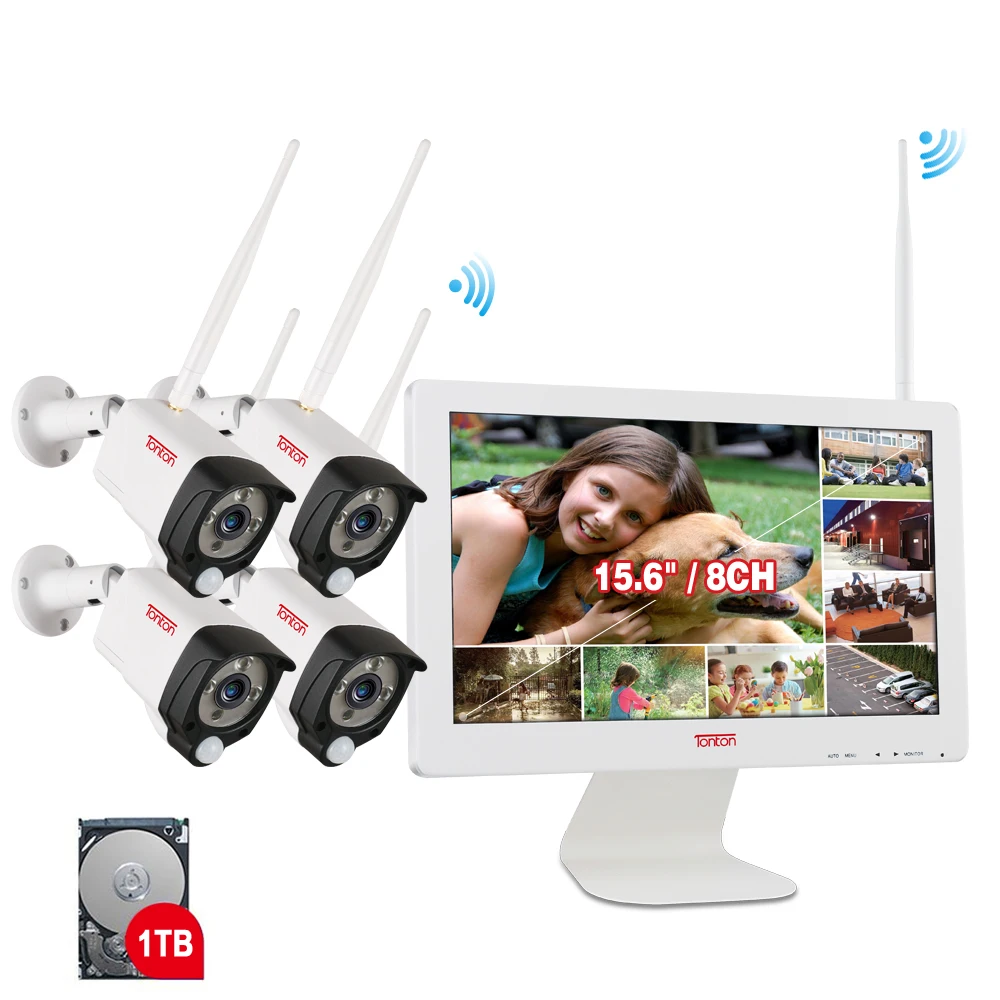 Беспроводная система видеонаблюдения Tonton 8 каналов 1080P 15 6 дюйма 2 МП Wi Fi IP камера
