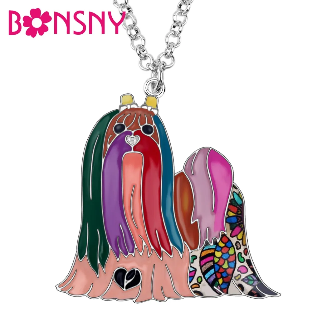 

Bonsny Statement Enamel Alloy Sweet Maltese Dog Necklace Pendant Chain Choker Fashion Animal Pets Jewelry For Women Girls Gift